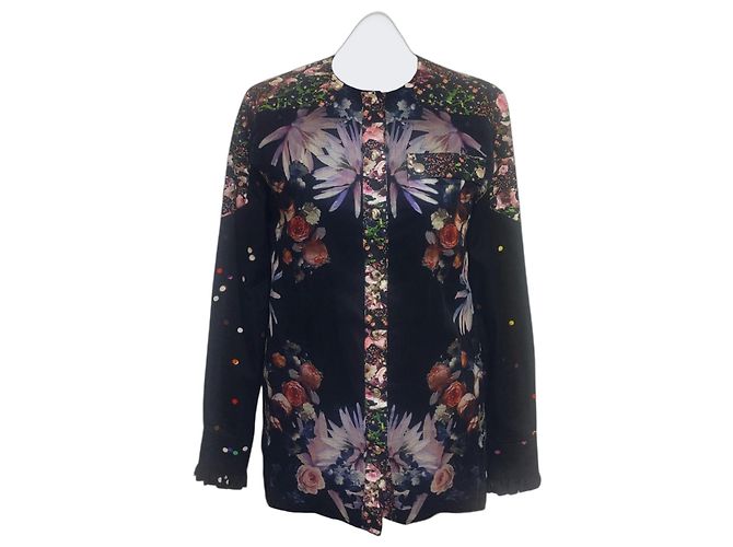 Givenchy Hemd Schwarz Transparent Baumwolle Blumenkonfetti-Print Mehrfarben