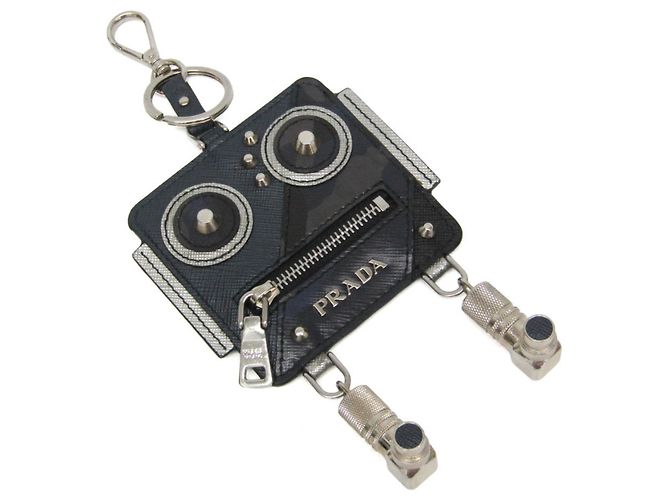 Prada Saffiano Robot Key Ring Coin Purse Silvery Navy blue