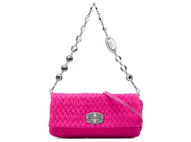 Miu Miu Pink Matelasse Nylon Crystal Chain Satchel