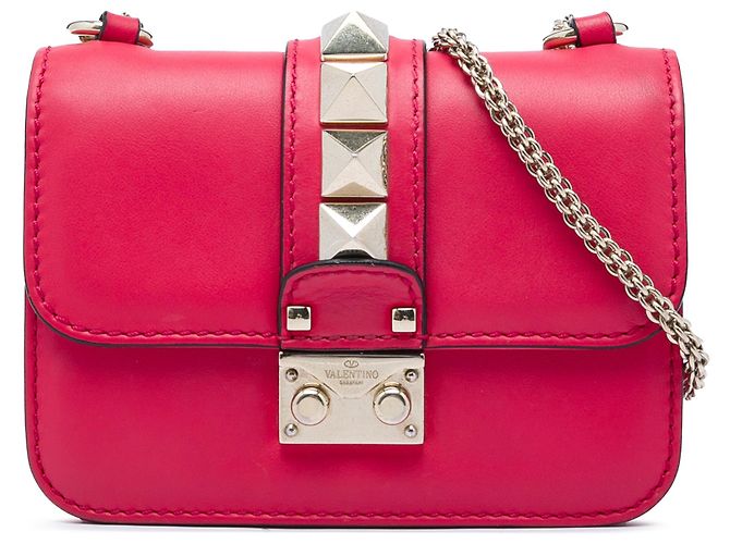 Valentino Mini Bolsa Transversal Rockstud Glam Lock de Couro Rosa