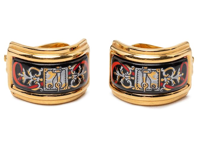 Boucles d'oreilles clips en émail cloisonné plaqué or Hermès Gold Doré 