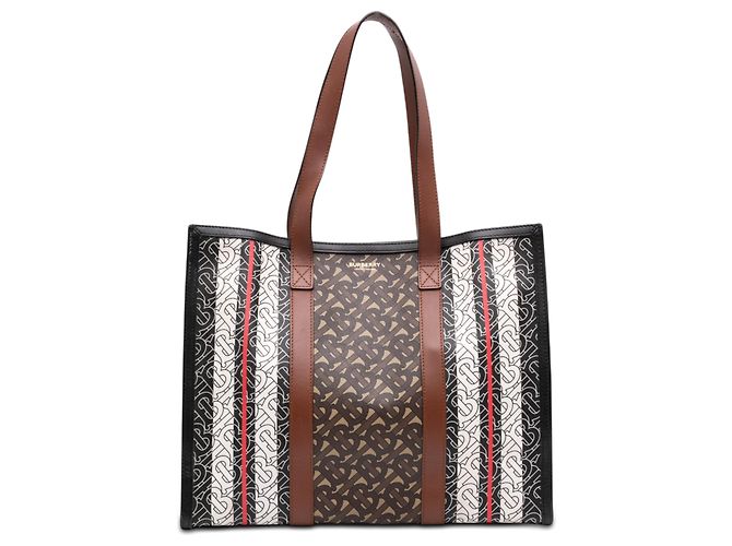 Burberry Brown TB Monogram E Canvas Stripe Book Tote Marrone