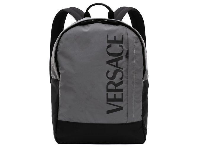 Versace Gray Nylon Logo Print Backpack Brown