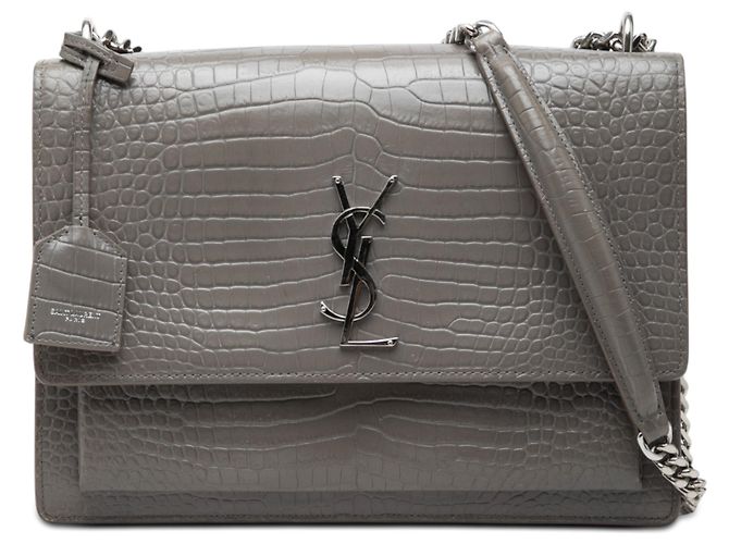 Bolsa transversal Saint Laurent Monogram Sunset em couro cinza com relevo de crocodilo Large Marrom