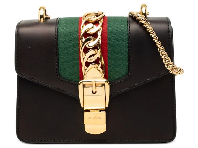 Bolsa de couro de vitelo preto Mini Web Sylvie com corrente Gucci