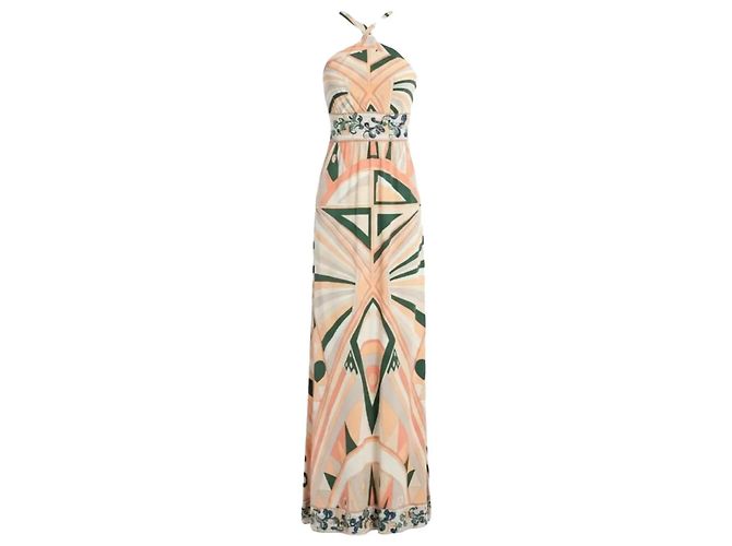 Emilio Pucci Vestido Maxi Estampado Geométrico Rosa Multicolor Beige Verde