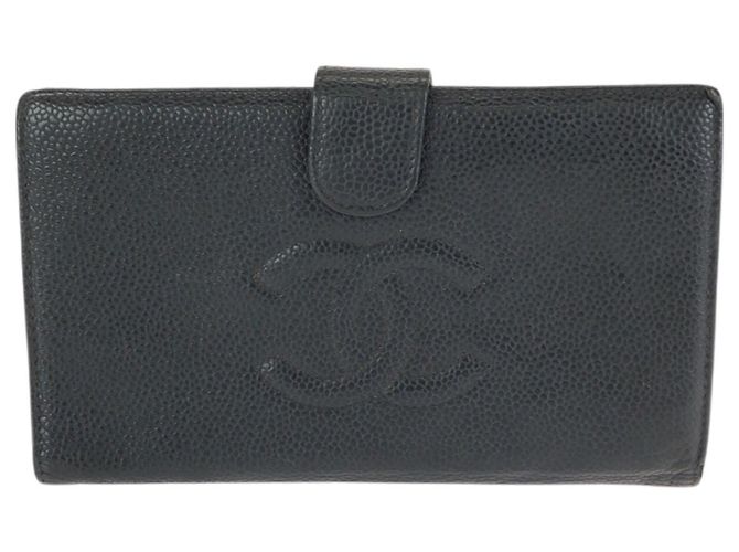 Timeless Chanel Vintage Coco Mark Black Caviar Leather Long Wallet