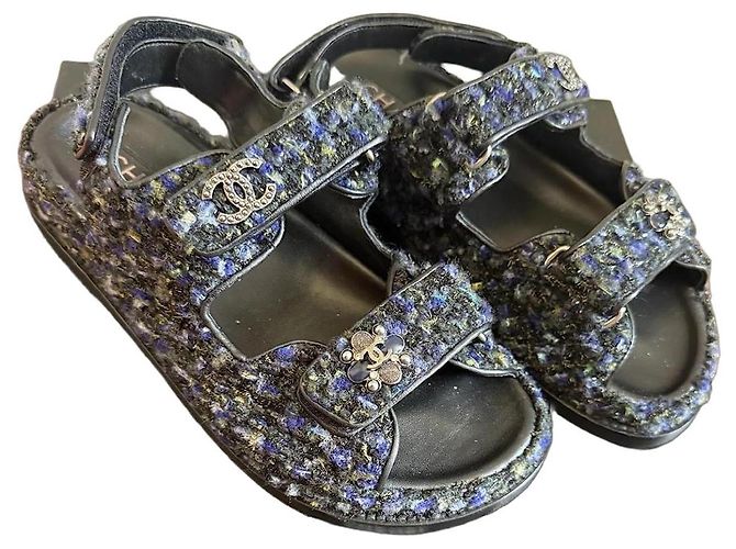 Sandali Chanel in tweed multicolore Nero Blu Verde Giallo