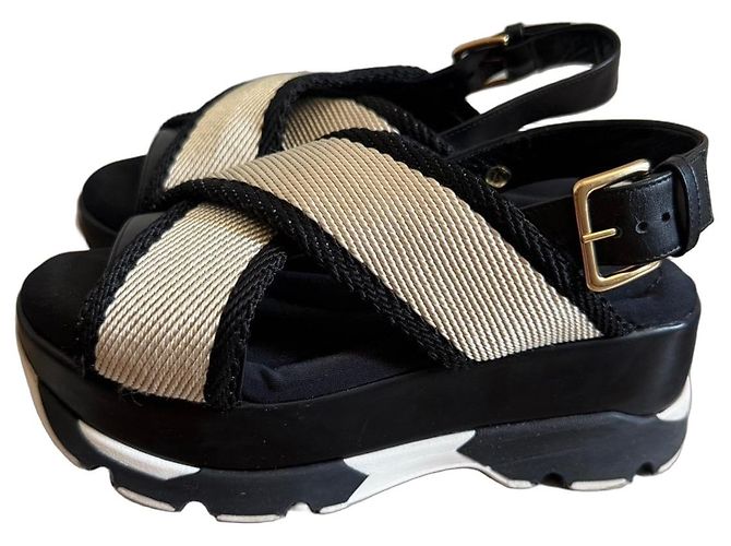Marni Sandali con zeppa pelle e tessuto Nero Beige
