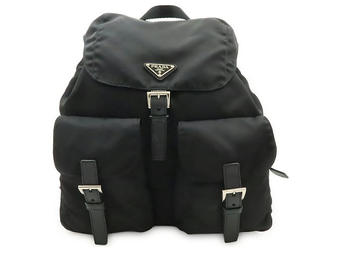 Prada Nylon Leather Triangle Logo Backpack Black
