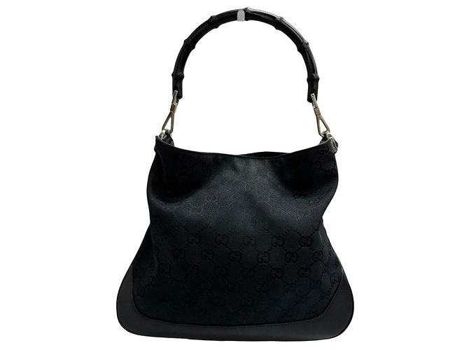 Borsa a tracolla Gucci Bamboo GG Canvas e pelle Nero
