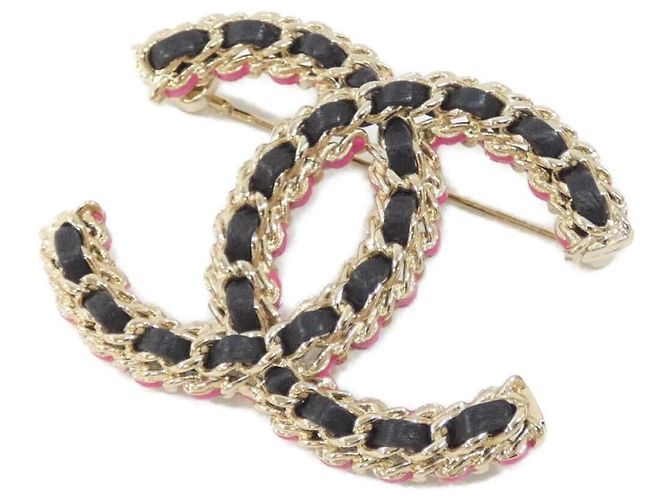 Chanel ABB478 Brosche Schwarz Rosa Gold Leder Pink Golden
