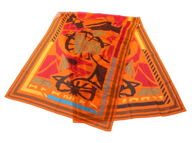 Silk In Stola Hermès PUZZLE Seta e Cotone Marrone Rosso Arancio Arancione