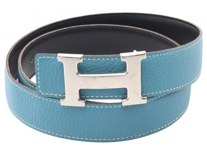 Hermès Cinturón Hermes Constance Reversible H Negro Plata Azul