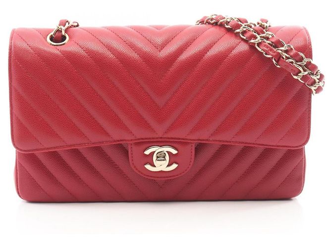 Borsa a Spalla Chanel Chevron V-Stitch Double Flap Rosso