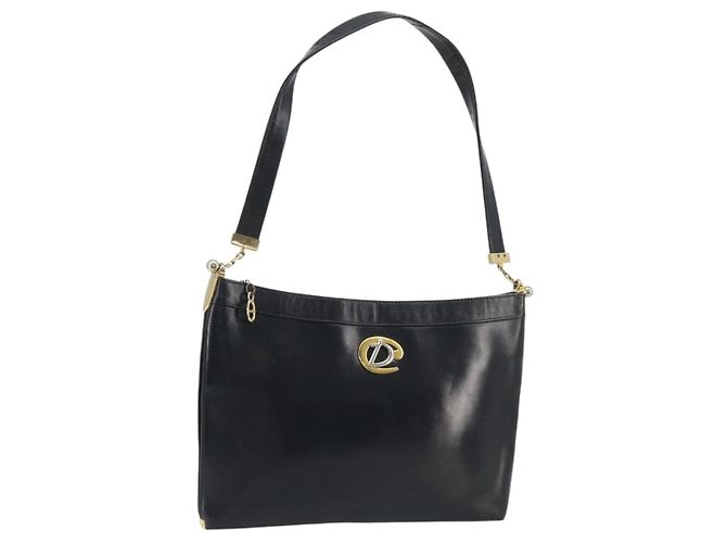 Bolsa de Ombro Christian Dior em Pele de Vitelo Preta e Dourada Auth 191075 Preto Dourado