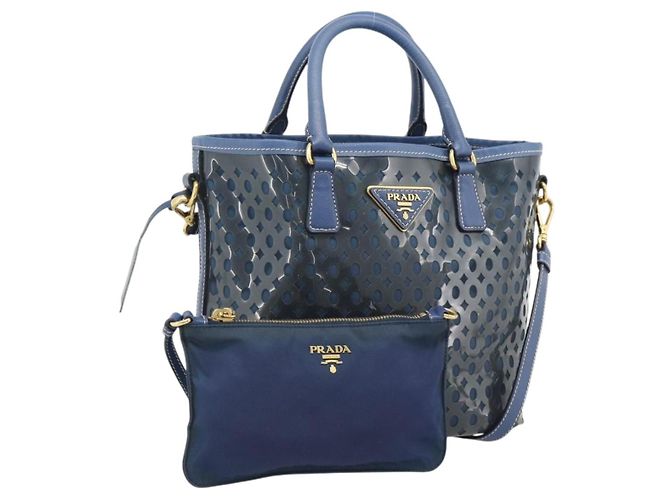 Sac à main PRADA en vinyle 2way Bleu Or Auth 193975 Doré