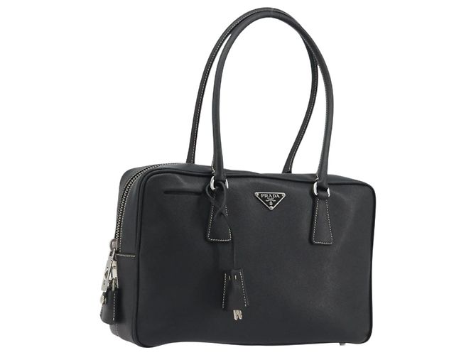 PRADA Tote Bag Saffiano Leder Schwarz Silber Auth 188279SAV