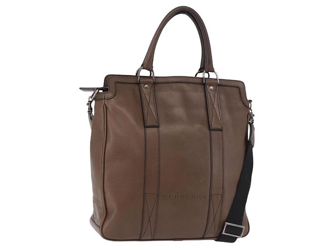 BURBERRY Tote Bag Leather 2way Brown Silver Auth ka5407 Silvery