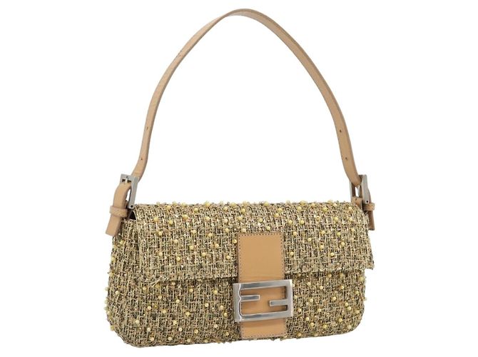 FENDI Borsa a Spalla Mamma Baguette in Tweed e Perline Oro Argento 8BR000 Auth yk20672SAM