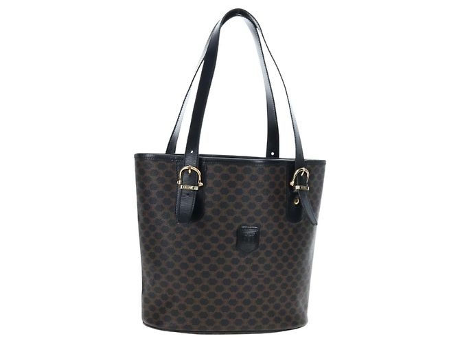 Céline Bolsa CELINE Macadam Canvas PVC Couro Preto Ouro Auth 191813V Dourado