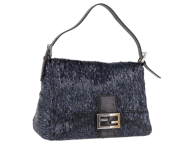 Borsa a tracolla FENDI Mamma Baguette Perline Blu Navy Argento Auth yk20696SAM