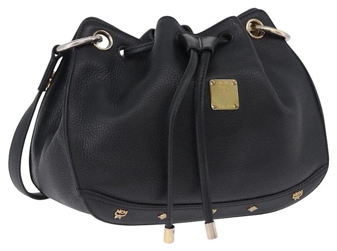Bolsa de ombro MCM em couro preto e dourado Auth BA14146A