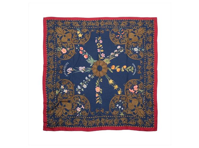 Sciarpa in Cashmere e Seta Hermès Carré Géant "ARABESQUES" Blu Navy x Rosso