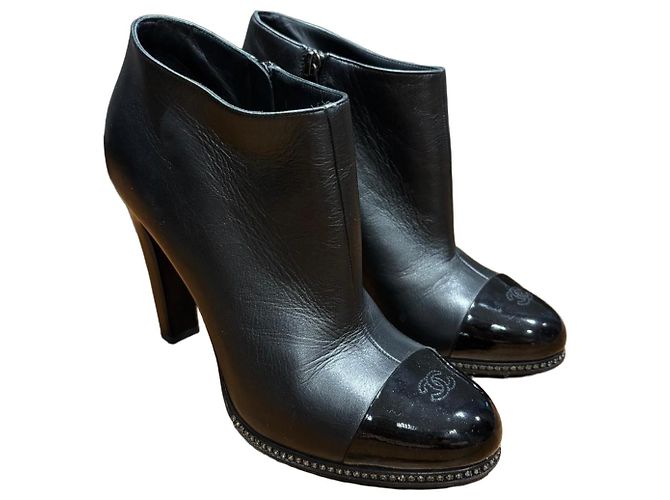 Chanel Black Leather Cap Toe Ankle Boots