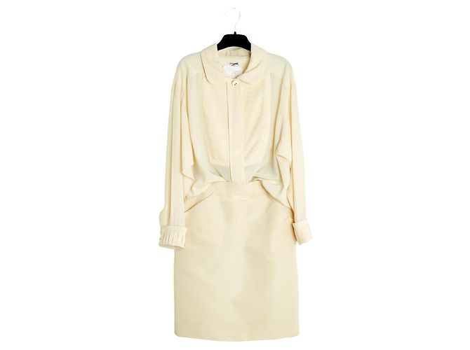 Chanel 1990 Completo Blusa e Gonna in Seta FR36 Ecru UK8 US4 6 Crudo