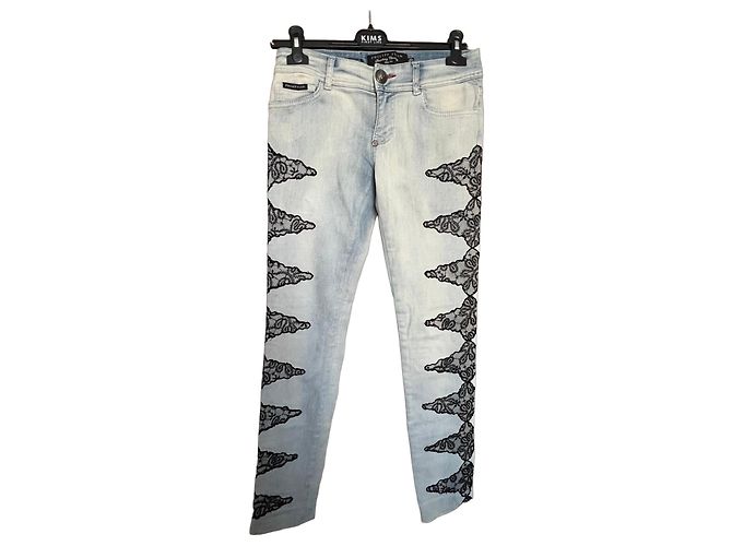 Jeans de mezclilla azul claro para mujer Philipp Plein con inserciones de encaje negro