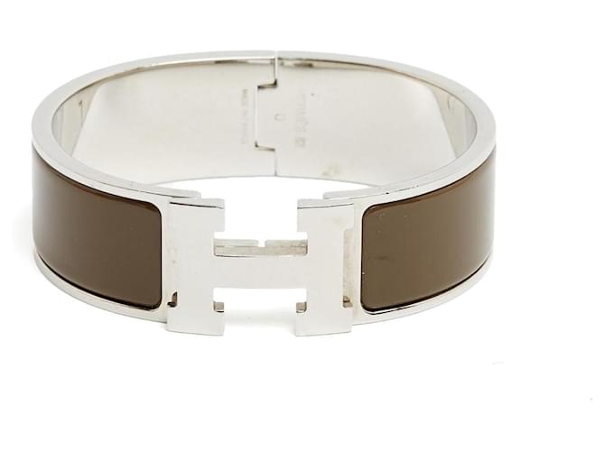 Pulseira Hermès Large GM Clic Clac H Prata Esmalte Etoupe L Marrom 
