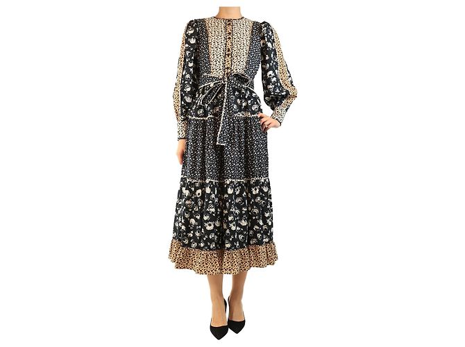 Autre Marque Vestido midi de algodón estampado negro - talla UK 8