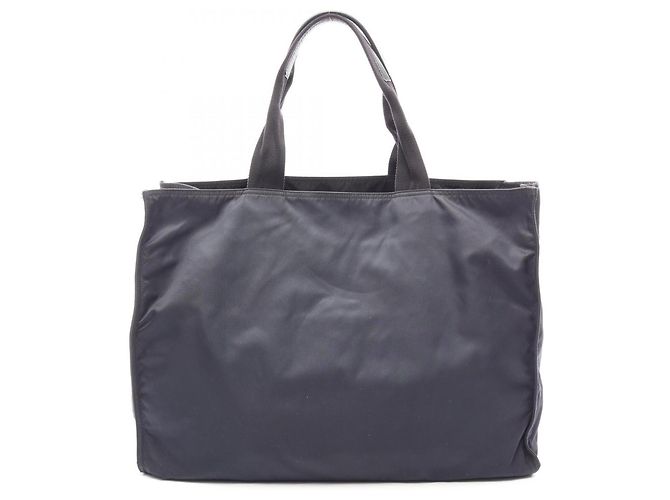 Borsa Tote in Nylon e Pelle Saffiano Prada Nero Blu navy
