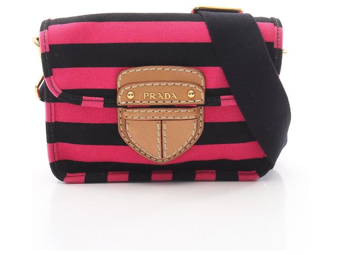 Bolsa de Ombro Prada Canapa Righe Marrom Preto Rosa