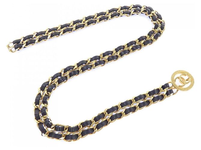 Cinto de corrente Chanel preto e dourado