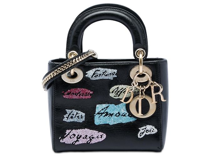 Lady Dior mini in pelle di vitello nera con perline Dior Nero