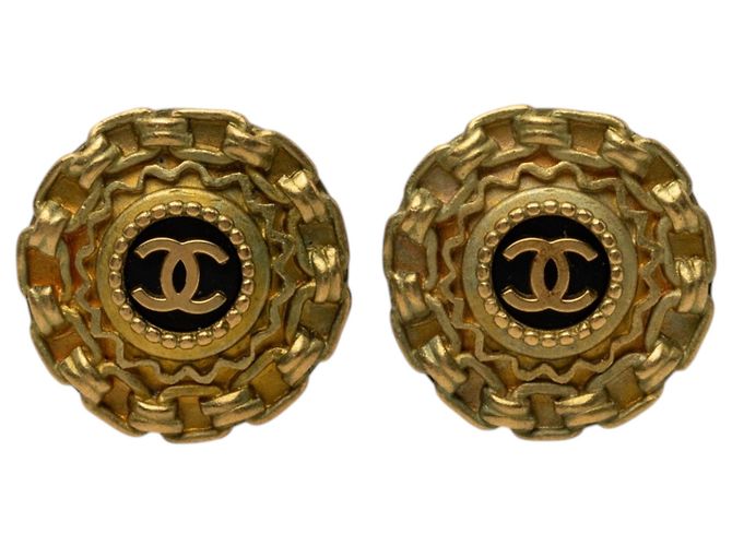 Pendientes Chanel Gold CC bañados en oro y resina con cadena y clip redondo Dorado