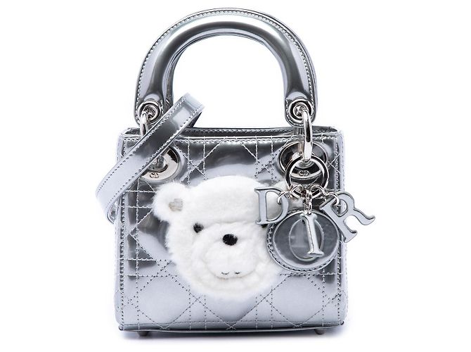 Dior Silver Micro Metálico Charol Cannage Bear Lady Dior Plata
