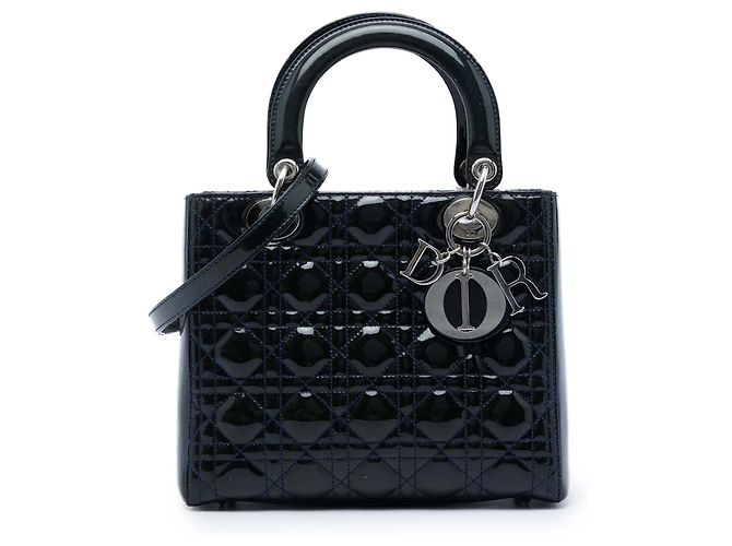 Lady Dior Cannage en cuir verni bleu, taille Medium Bleu Marine