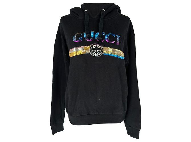 Gucci Kapuzenpullover mit Pailletten-Logo aus schwarzer Baumwolle