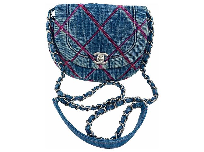 Mini borsa a tracolla Chanel Coco Beach in cotone blu