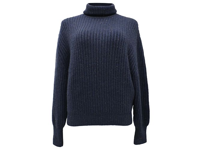 Brunello Cucinelli Rollkragenpullover aus geripptem Cashmere in Navy Blue Blau Marineblau