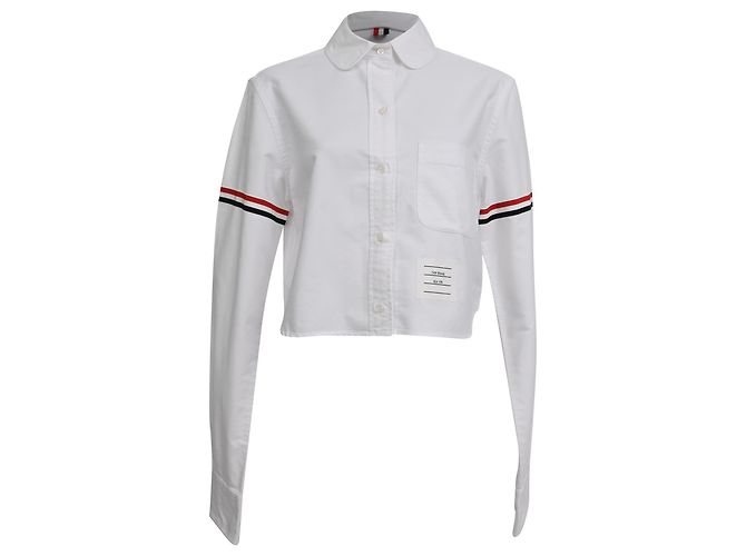 Camisa Oxford de algodão branco com braçadeira e corte cropped de gola redonda da Thom Browne
