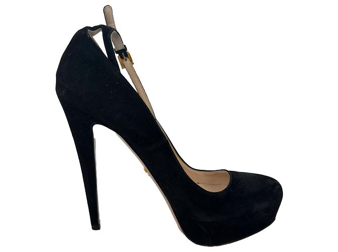 Prada Ankle Strap Platform Pumps in Black Suede