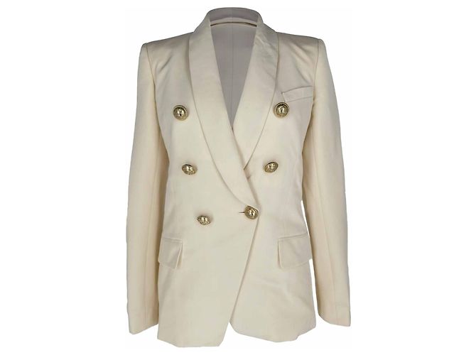Balmain Double-Breasted Fray-Trimmed Blazer in Ivory Wool White Cream