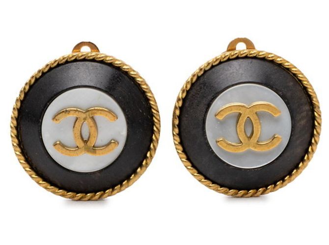 Orecchini tondi vintage Chanel Coco Mark Nero D'oro