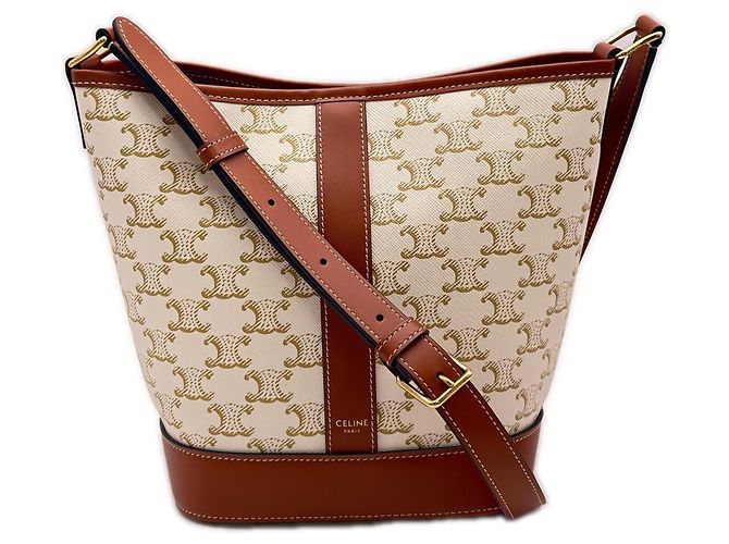 Céline Pequena bolsa de ombro Celine Triomphe em canvas e couro de bezerro Branco Bege