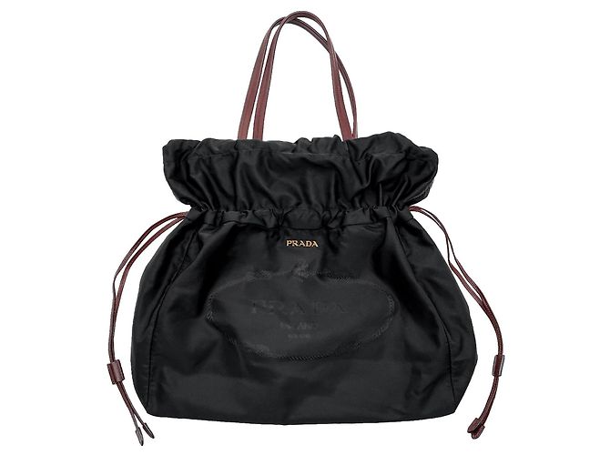 Prada BN1757 Logo Drawstring Tote Bag Brown Black