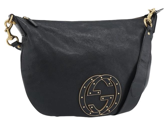 Bolsa de Ombro GUCCI Interlocking G em Couro Preto e Dourado 121546 Auth 193135V